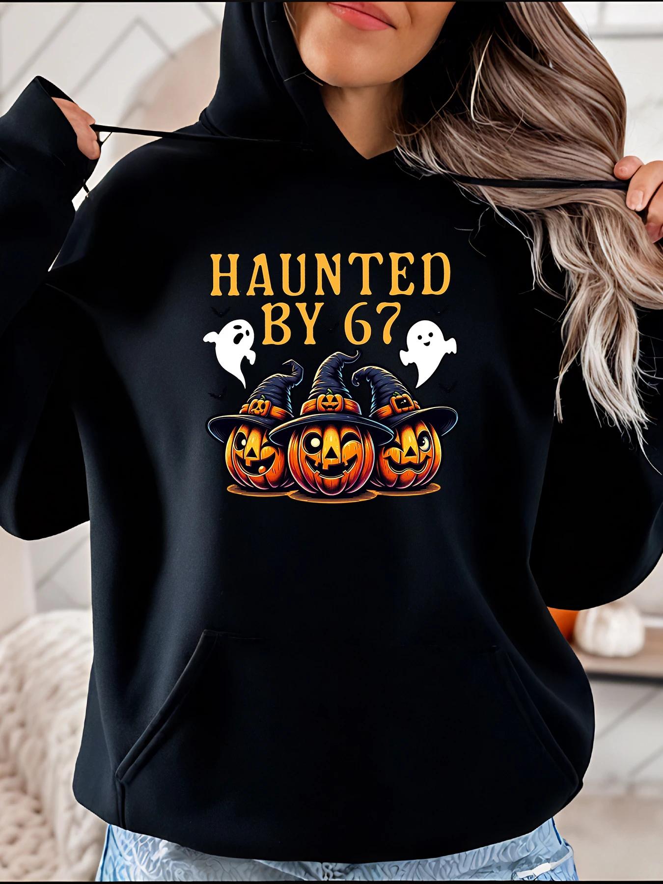 

Halloween Hoodie Haunted by 67 Pumpkin Ghost Print Women's Casual Sweatshirt Autumn Season Costume Party Wear