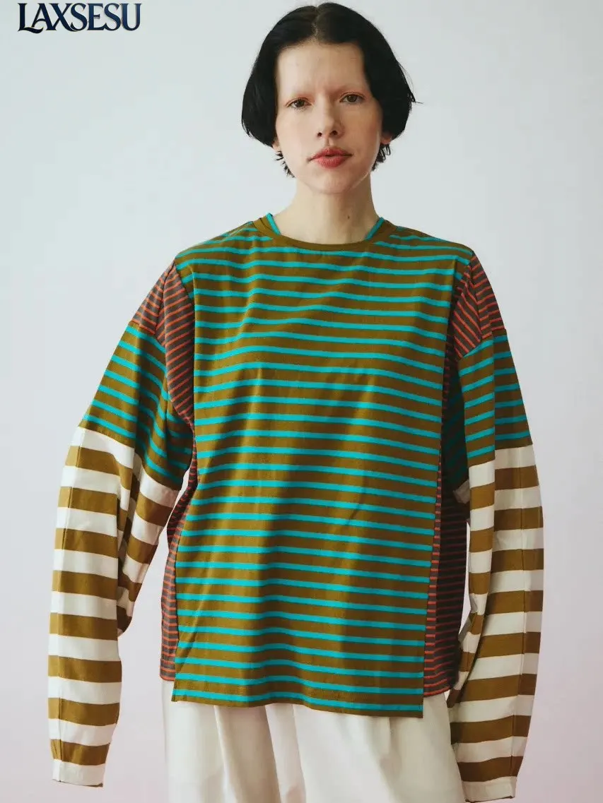 Original Japanese Contrasting Color Splicing Striped Long Sleeved T-shirt with Loose and Lazy Design Sense Top Oversized