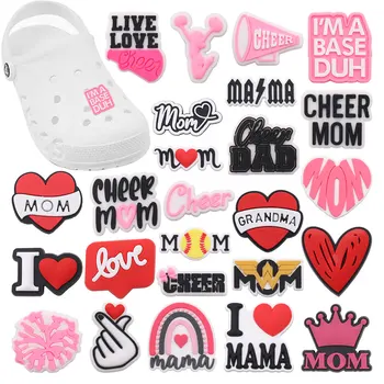 1-25 Stuks Cheer Moeder Vader Pvc Vrouw Schoen Bedels Rood Hart Gesp Clog Sandalen Decoratie Passen Moeder Dag Geschenken