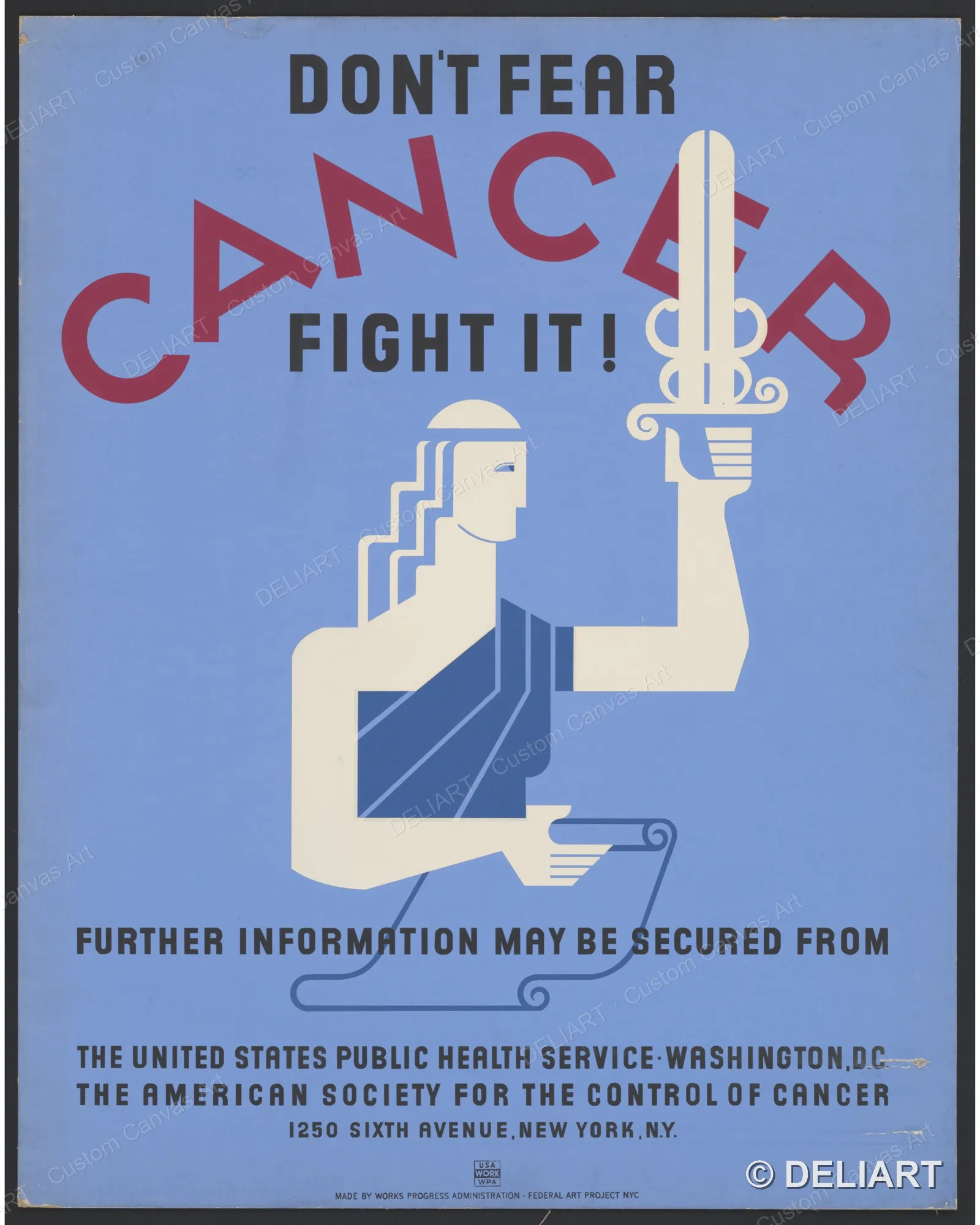 Don't fear cancer fight it! Vintage WPA Public Health Canvas Wall Art Poster Print Retro 1930s Nostalgic Home Decor Unframed
