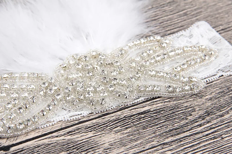 Nishine Girls Kids Flower Rhinestone Elastic Lace Headband Newborn Feather Crown Soft Headwear Party Wedding Hair Accessories