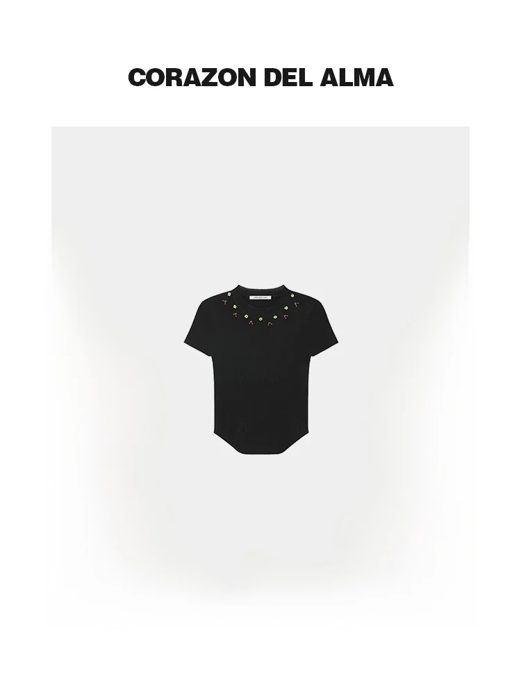 

Модная женская футболка ручной работы с бисером, круглым вырезом и коротким рукавом, приталенный трикотажный топ из шелка и льна, повседневный стиль