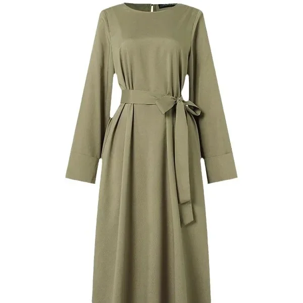 Caftán turco suelto para mujer, vestido musulmán Vintage, Abaya Lisa Simple, cuello redondo con cinturón, bata de manga larga de talla grande,