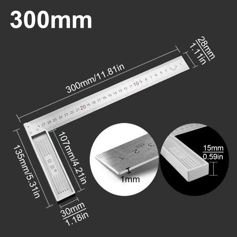 Righello ad angolo retto a 90 gradi in acciaio inossidabile da 1 pezzo 300mm / 500mm per la lavorazione del legno/ufficio