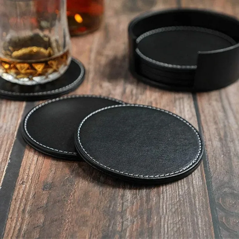 6PCS Hot Sale PU Leather Marble Coaster Drink Coffee Cup Mat Easy To Round Tea Pad Table Holder Clean Placemats Set