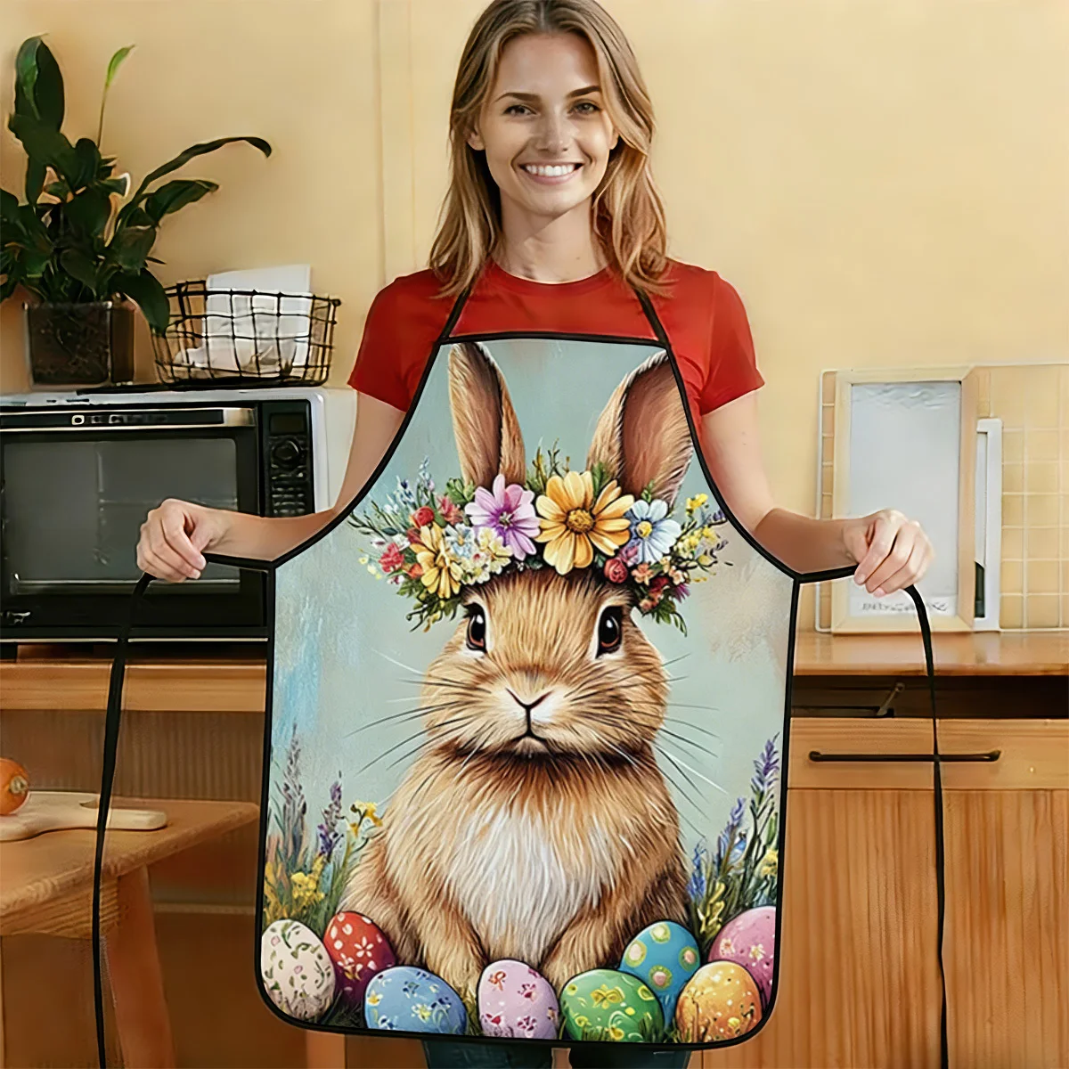 1pc 2D Flat 5 Floral Rabbit And Easter Egg Spring Fun Printed Pattern Apron Durable And Easy To Clean Adjustable Waistband P