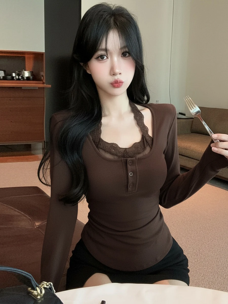 Sexy Slim Fit Long Sleeve T-Shirt Lace Trim Patchwork Design Base Layer Top for Young Women High Waist General Type Polyester...