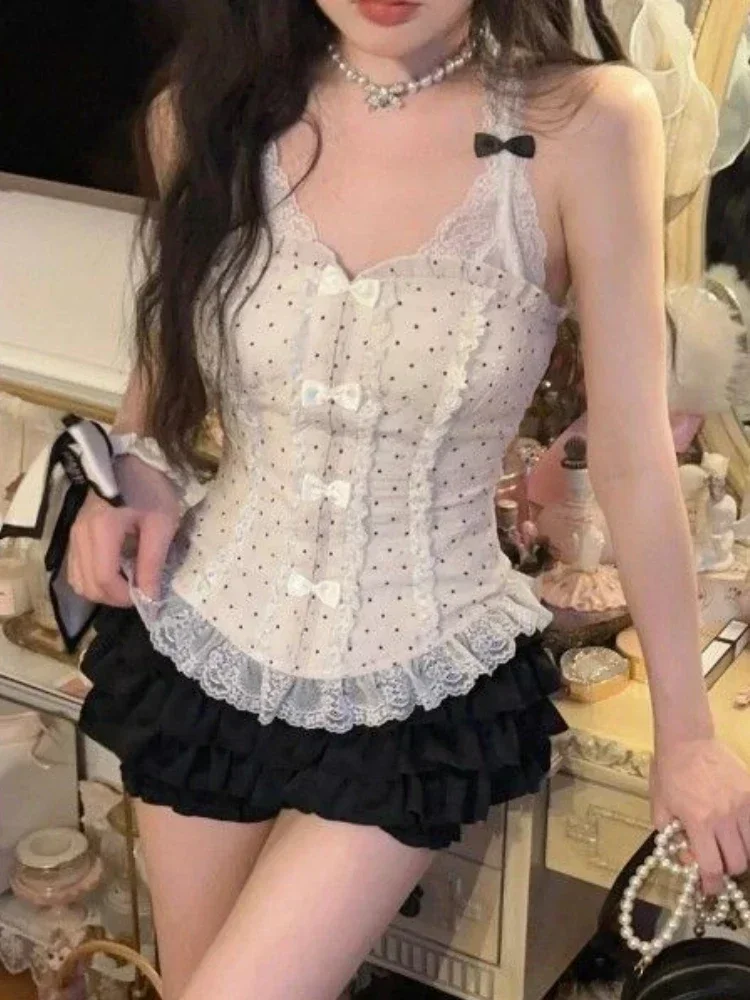 Japanese Lolita Sweet 2 Piece Set Women Kawaii Bow Lace Halter Neck Tops +Mini Cake Skirts Female Princess Fashion Y2k Clothing