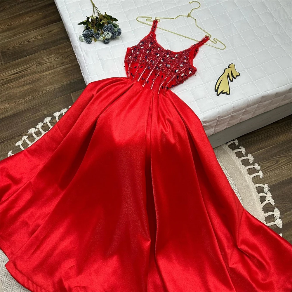 Funyue-vestidos De graduación rojos personalizados, vestidos largos De satén con cuentas De cristal para ocasiones formales, vestidos De fiesta De noche acampanados, batas De Soirée