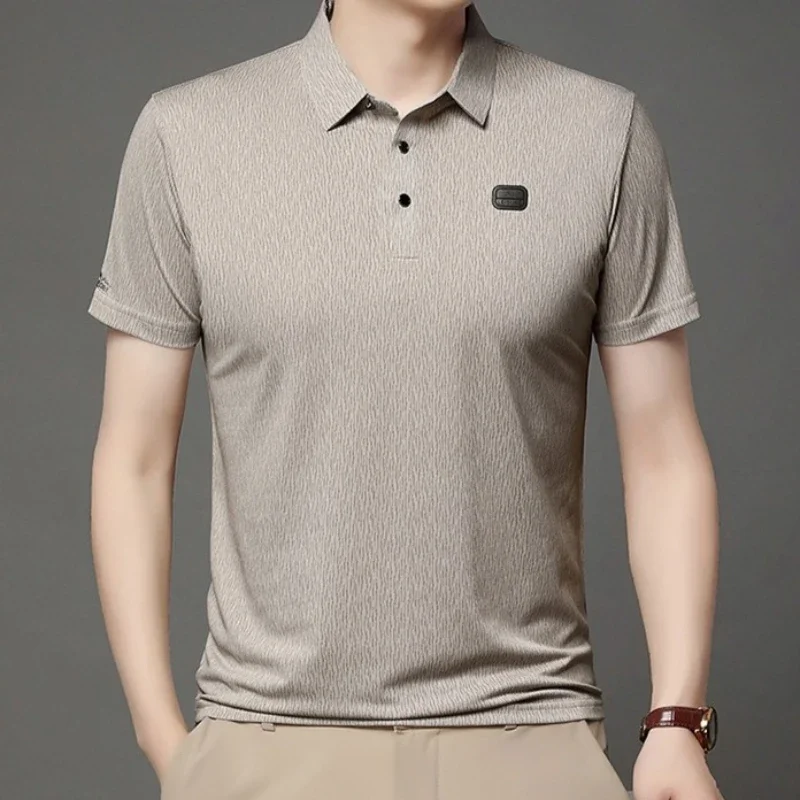 

2025Light Luxury Bark Patterned Summer Short Sleeved T-shirt for Men, Wrinkle Resistant Men, Thin Ice Silk Business Polo Shirt