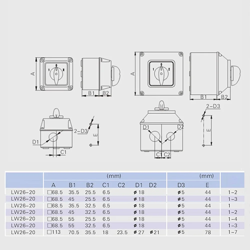 3 Position 20A 380V Rotary Cam Changeover Switch LW26-20 IP65 Enclosed Transfer Switch For Motor Reversing Control