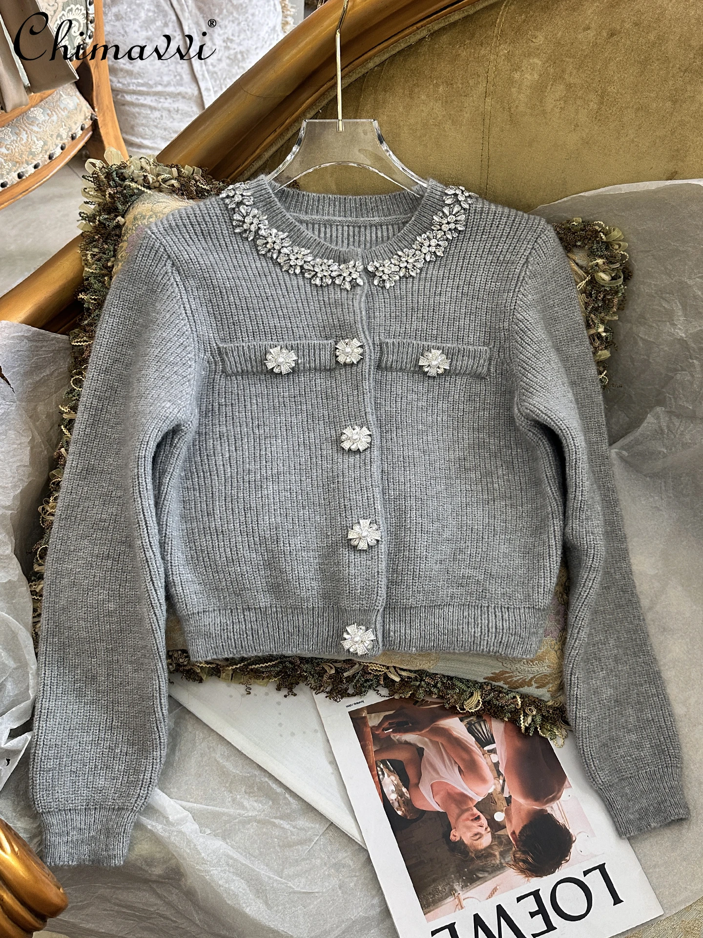 ヘビーネイルドリルショートセーターコートファッションカーディガン スカートツーピースセット2025秋服新作ハイエンドレディースニットスーツ