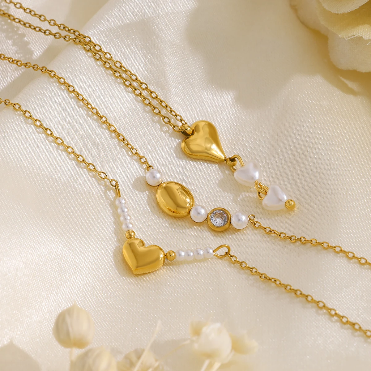 WILD & FREE Trendy Stainless Steel Heart Pendant Necklaces for Women Chic Luxury Pearl Charms 18K Gold Plated Jewelry - Image 2