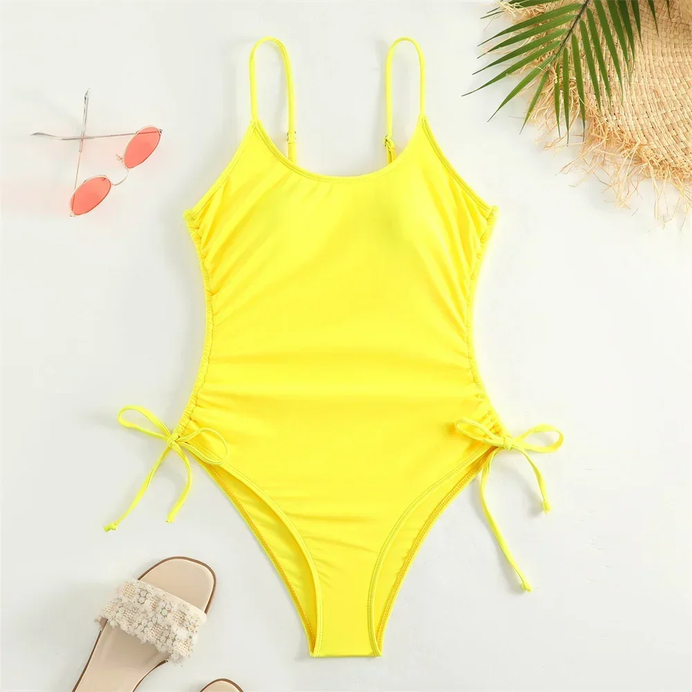 الأبيض بيكيني الرباط مطوي حبال ملابس السباحة قطعة واحدة Y2K الاتجاه Monokini مثير النساء عطلة ملابس الشاطئ ثوب السباحة
