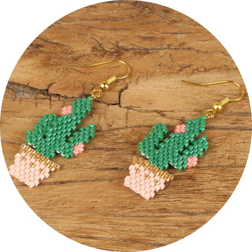 

Rice Bead Earrings Cactus Flamingo Hand Knitting Personalized Fashion Minimalist Bohemian Female Alloy Tassel Beaded earrings