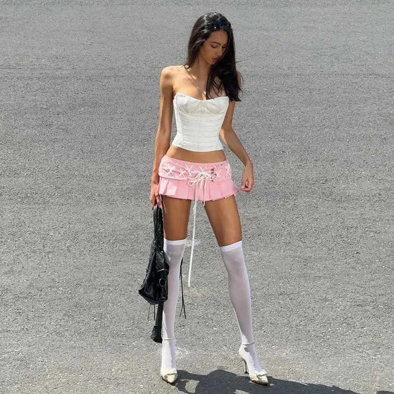 Personalized contrasting pink pleated skirt sweet spicy sexy pure korean gothic desire low waisted ultra short skirt for women