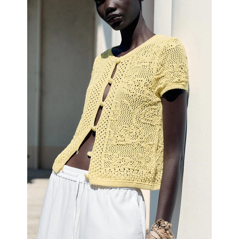 Summer New Women's Knitted Casual round Ne ort Sve Top Polyester Fiber Straight Cut Commute Sle Single Piece