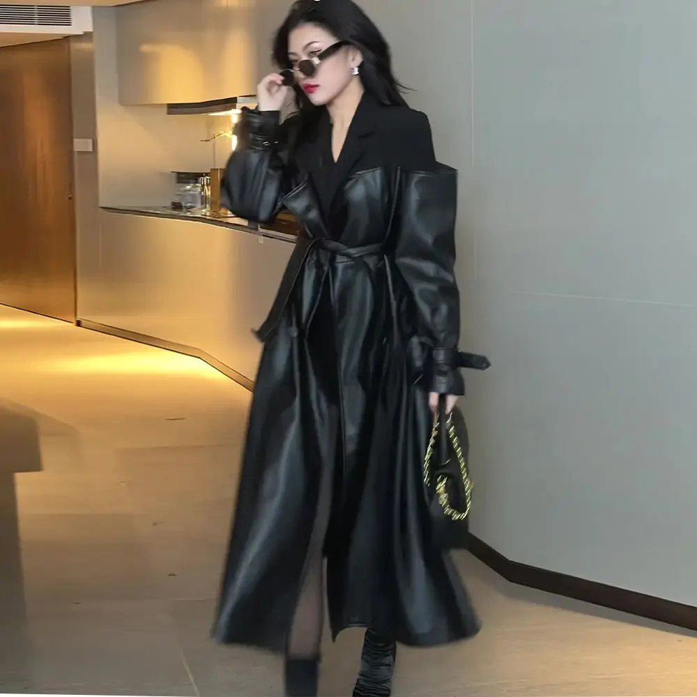 

Patchwork Pu Leather Coat Women Autumn Winter Black Leather Trench Coat Strap Belt Lapel Windbreaker Faux Leather Jacket JJ1233