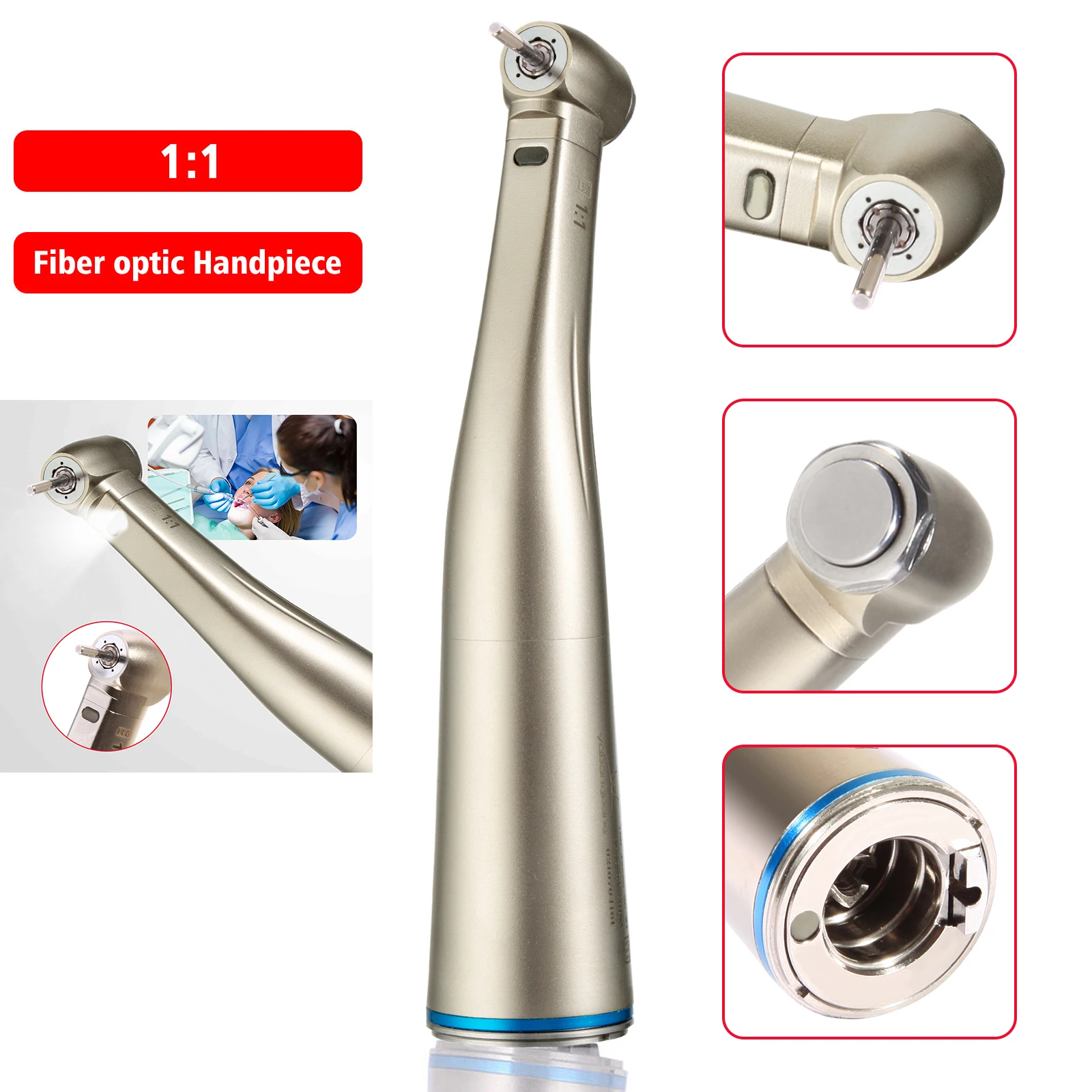 

Dental Fiber Optic LED 1:1 Contra Angle Push Button Four Water Spray High Speed Handpiece For FG 1.6mm Burs Yabangbang