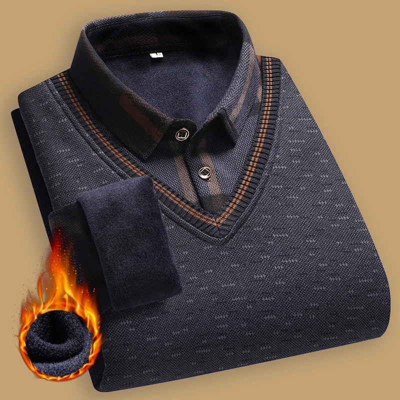 New Autumn Winter Sweaters Men\'s Velvet Pullover Knitted Bottom Shirts Men\'s Polo Pullover Wine Red Fleeced Knitwear