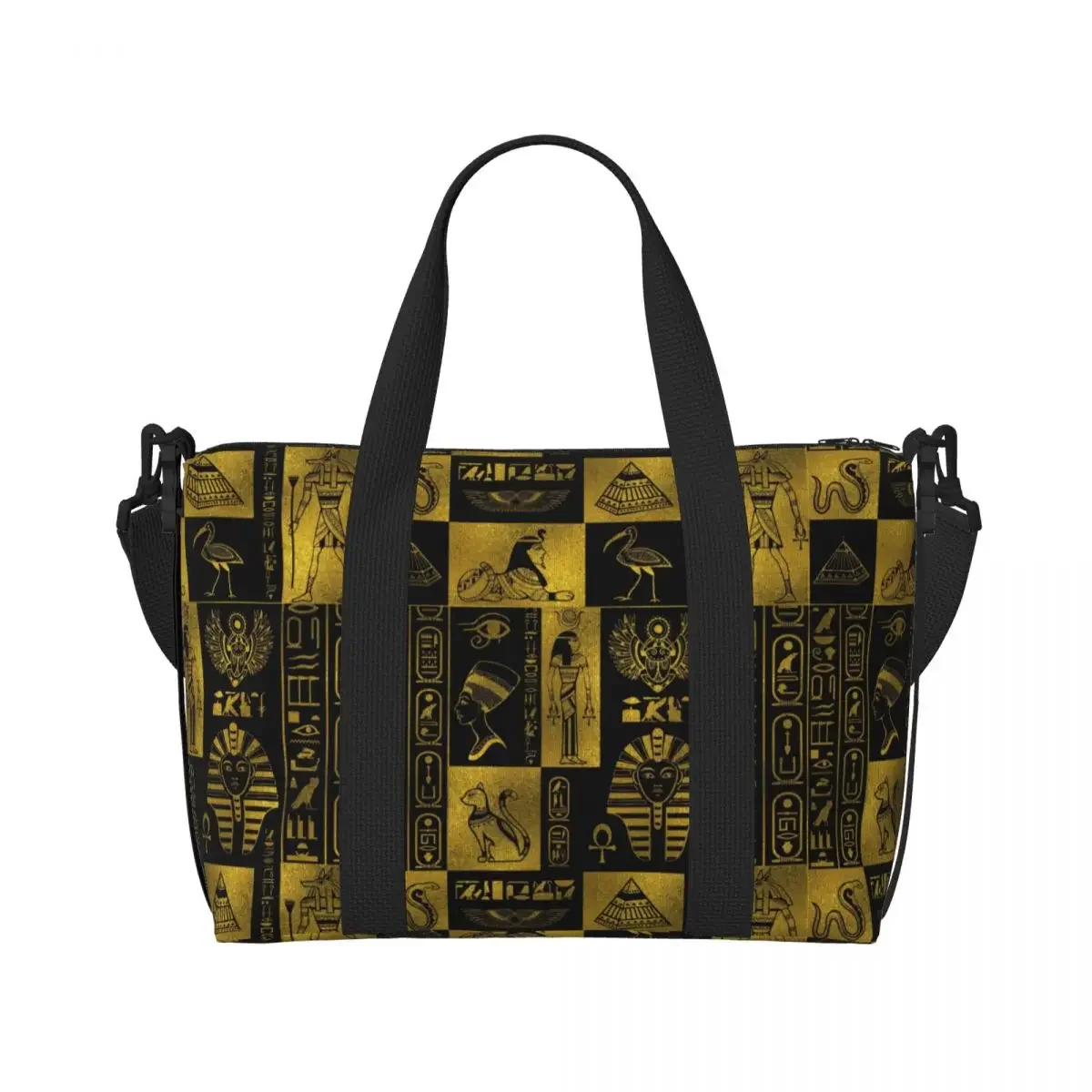 カスタムレトロエジプトゴールド象形文字とシンボルトートバッグ大容量エジプト象形文字ジムビーチショルダートラベルバッグ