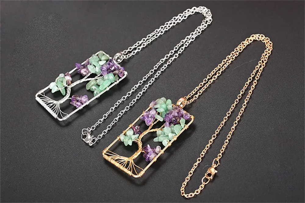 Natural Amethyst Jade Stone Square Tree of Life Lucky Pendant for Woman Handmade Crystal Reiki Healing Amulet Necklace Jewelry