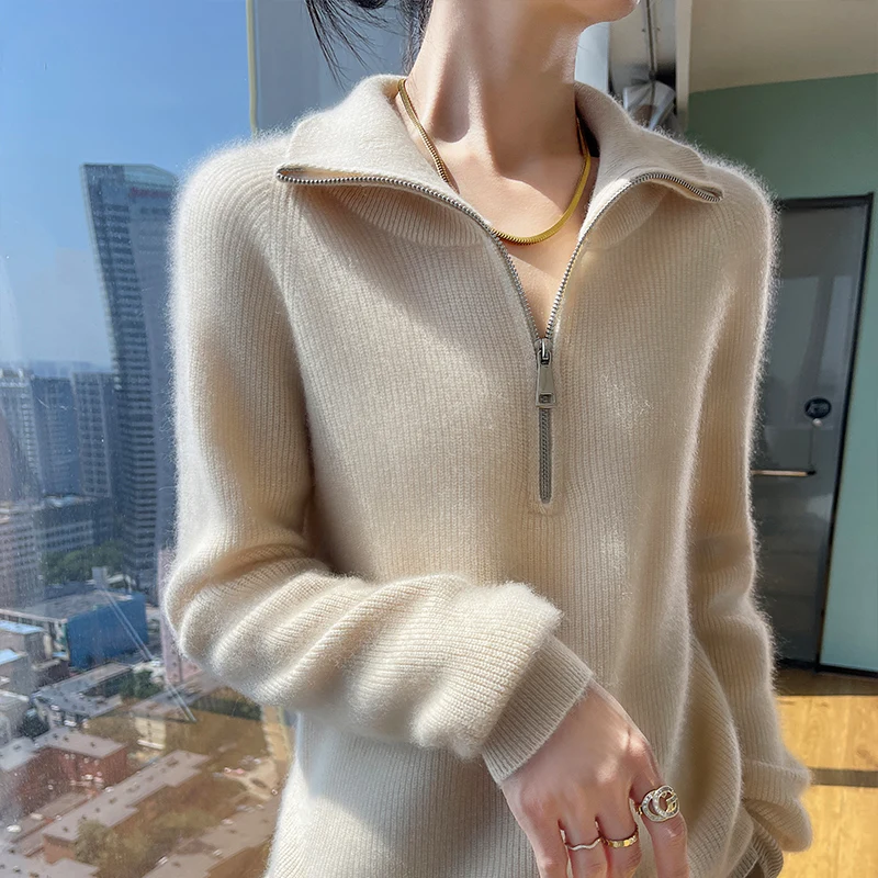 Autumn and winter 100 pure cashmere sweater women\'s high lapel zipper solid color pullover long sleeve wool knitted bottoming sh