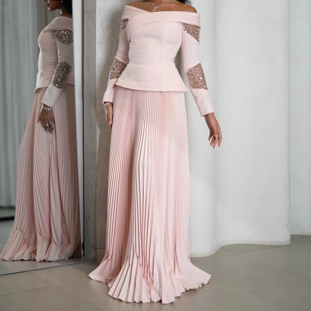 

Customized A-line Evening Dresses Floor-length Off The Shoulder Full Sleeve Prom Gown Fashion Pleat Sequined Draped Party Gown