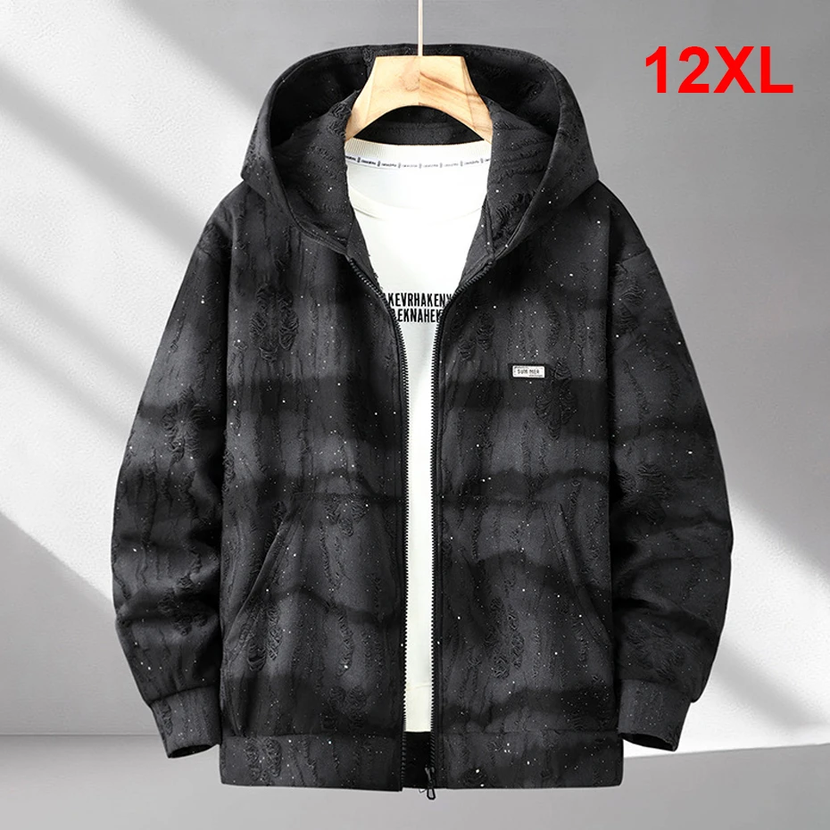 

12XL Plus Size Ripped Hoodie Men Vintage Gradient Stripes Hoodies Spring Autumn Zipper Hoodie Jacket Male Big Size 12XL