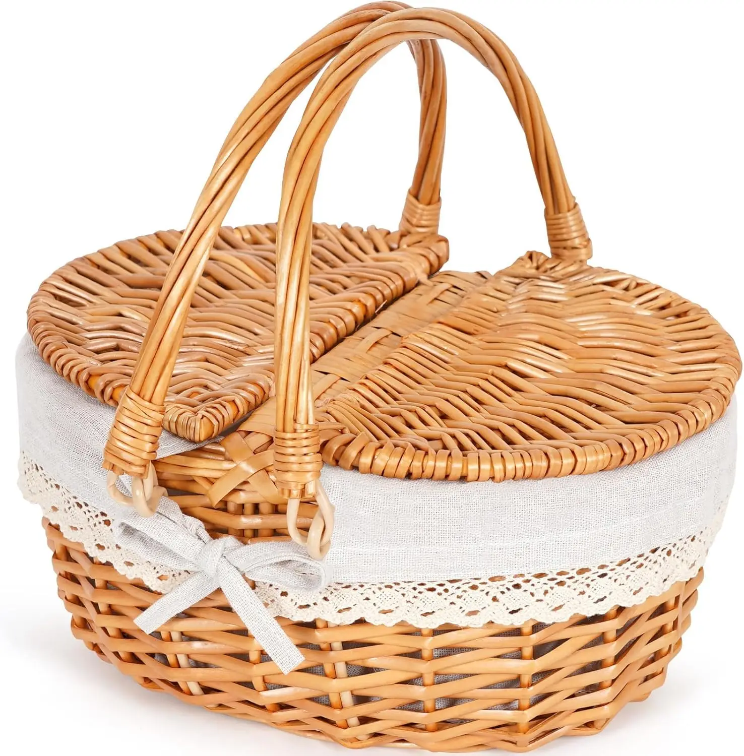 

12 Inch Small Wicker Picnic Basket with Foldable Handle Lid Removable Liner Empty Toy Gift for Kids Holiday Use