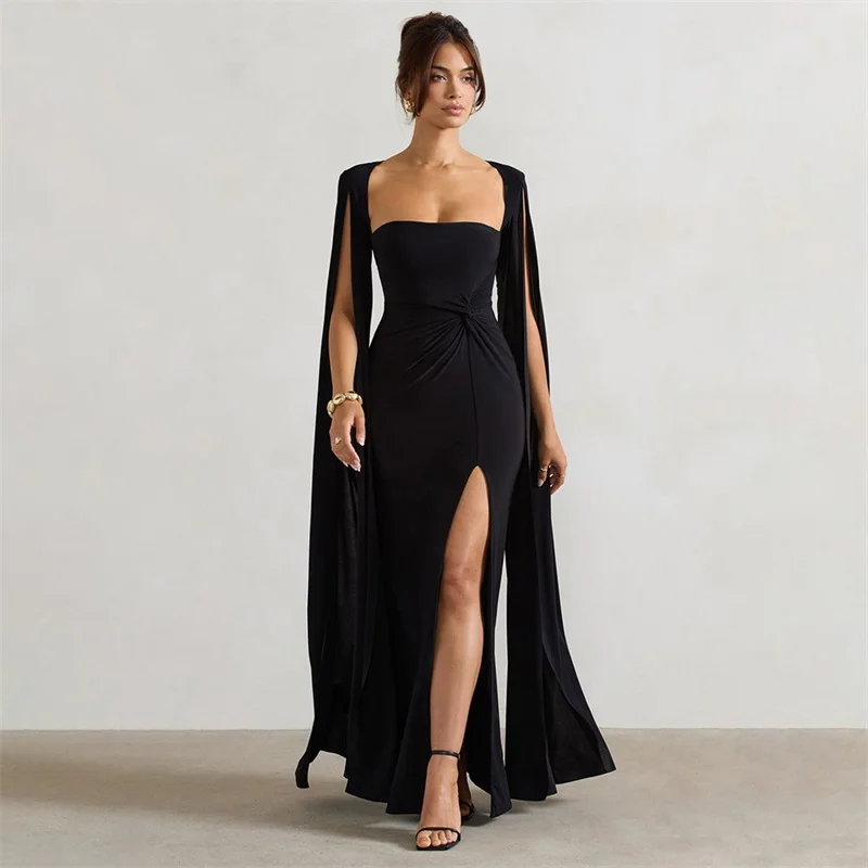 Black Cape Prom Dress WIth Long Sleeves Square Neck Sexy Side Split Party Gown Slim Fit Formal Red Carpet Robe Skirt