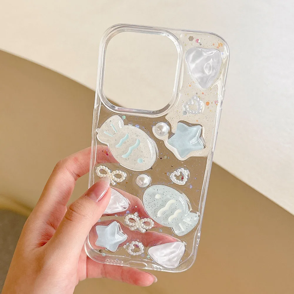 เคสซิลิโคนลายโบว์ไข่มุกดาวทะเล3D ปลาในฤดูร้อนรักหัวใจใสสำหรับ iPhone 16 15 14 PLUS 13 12 11 PRO MAX