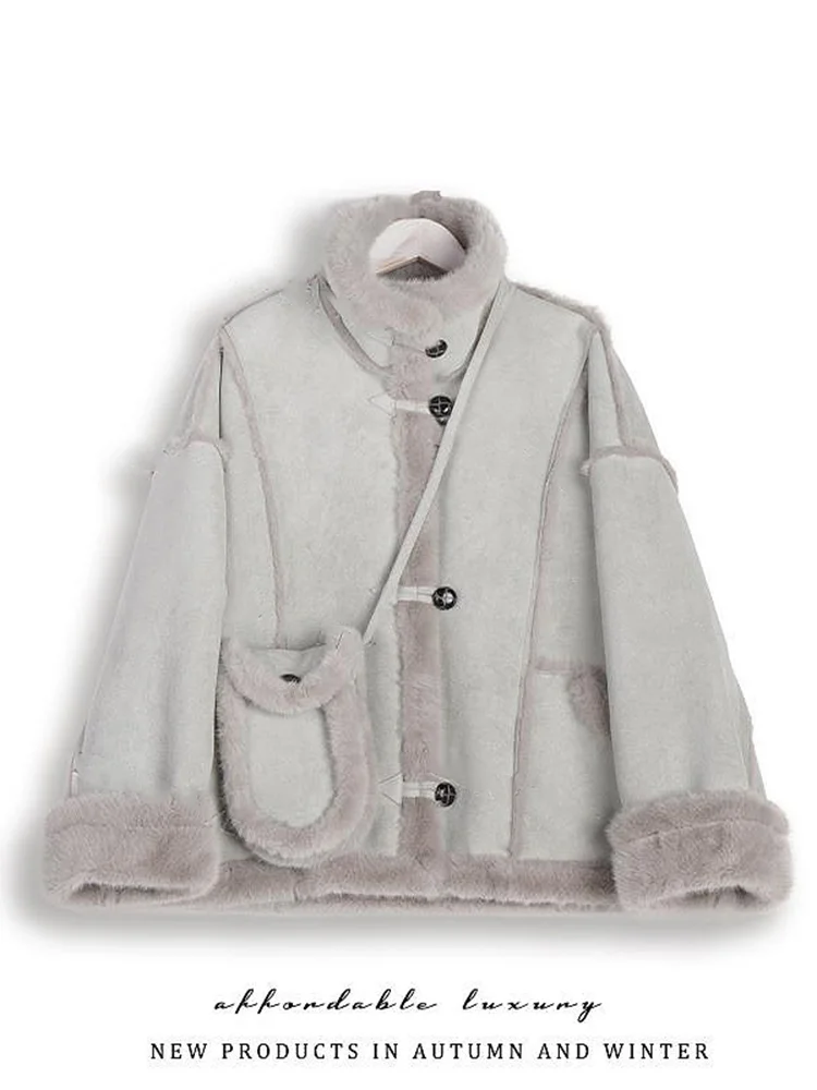 

Lamb Fur Jaet Women's Thiened Floing Inteated Leather And Fur Design Warm Top Spring Autumn New Sle Casual Faion