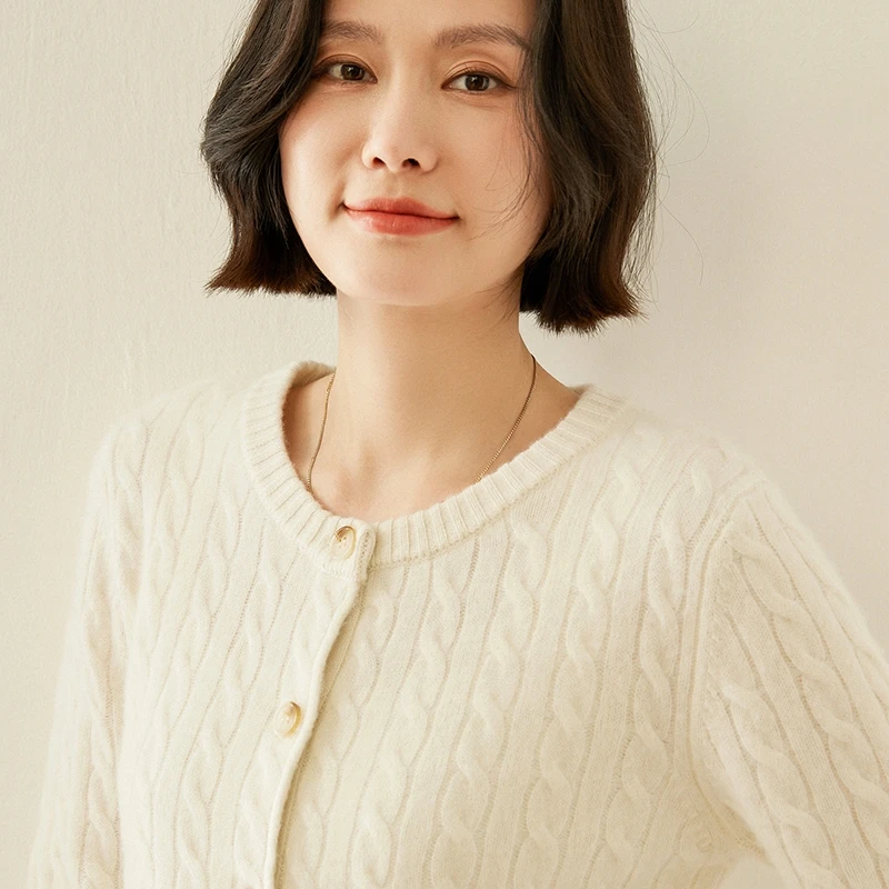 Col rond câble tricot bouton Cardigan décontracté polyvalent 2025 femmes doux pull printemps automne hiver femme hauts 100% cachemire hauts