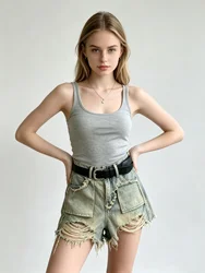 Women's Blue Ripped Denim Shorts Fashion High Waist Shorts Jeans Y2k Korean Mini Jeans Shorts Harajuku 90s 2000s Clothes Summer