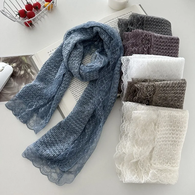

Lace-edged knitted scarf for women, Japanese-Korean style fairy-inspired pure color small shawl for outfit coordination