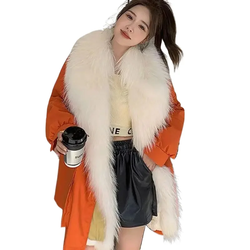 2024 Winter New Women Imitation Fox Fur Jacket Mid-Length Detachable Liner Fashion Leisure Parkas Solid Color All-Matching Coat