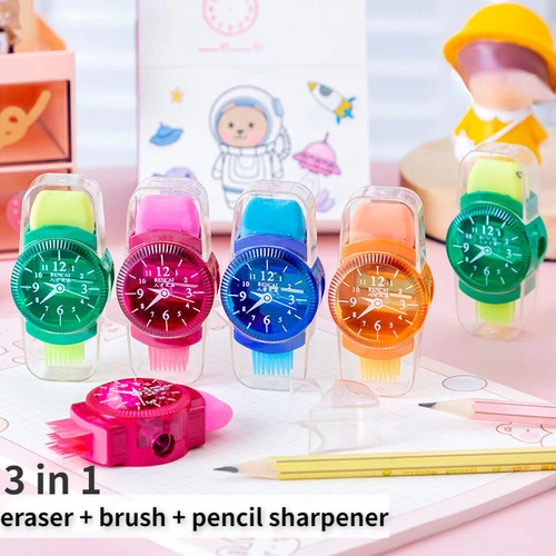 Imagen 2 del producto Sacapuntas 3 en 1 con forma de reloj, sacapuntas con cepillo de borrador, sacapuntas multifuncional, útiles escolares para estudiantes