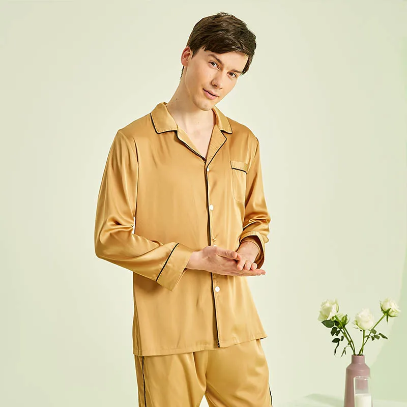 Conjunto de pijama de manga larga para hombre, ropa de dormir informal holgada de satén con solapa, cárdigans y pantalones para el hogar, primavera y otoño