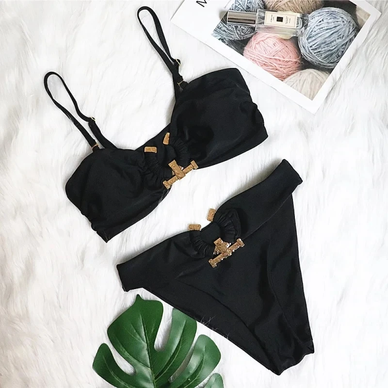 

Bikini Solid Color Tube Top High Waist Swimsuit Metal Accessories Women's Swimwear