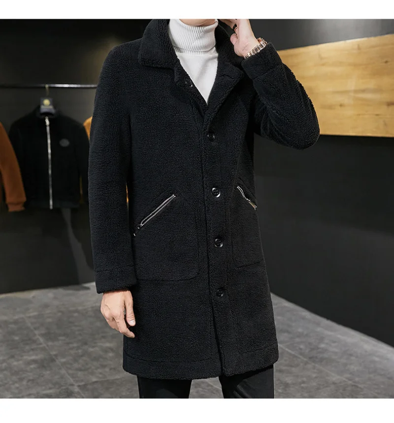 Reversible Winter Jacket Men Black Brown Suede Fleece Warm Coat Men Faux Fur Coat Long Thick Jacket Mens Wool Blend Trench Coat