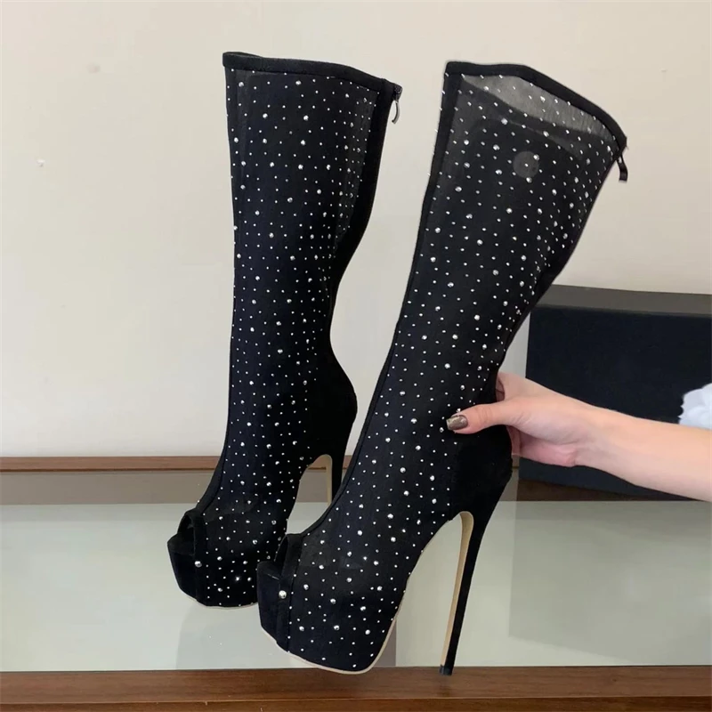 

Eilyken New Fashion Crystal Peep Toe Knee-high Boots Sandals Women Punk Style Platform Zipper Thin High Heels Shoes
