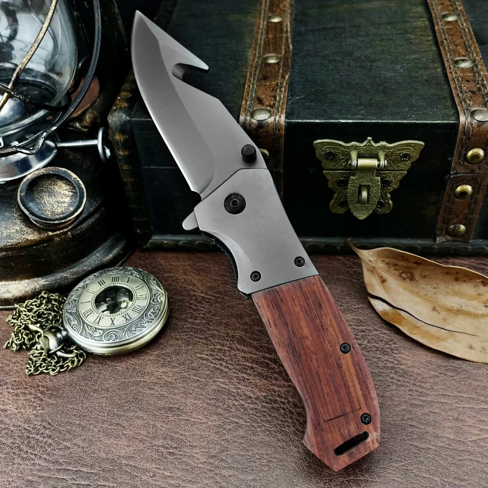 

Складной нож для кемпинга на открытом воздухе, 5Cr13Mov, стальное лезвие 420, сталь + деревянная ручка, EDC, походный рыболовный инструмент, нож для мужчин, подарок