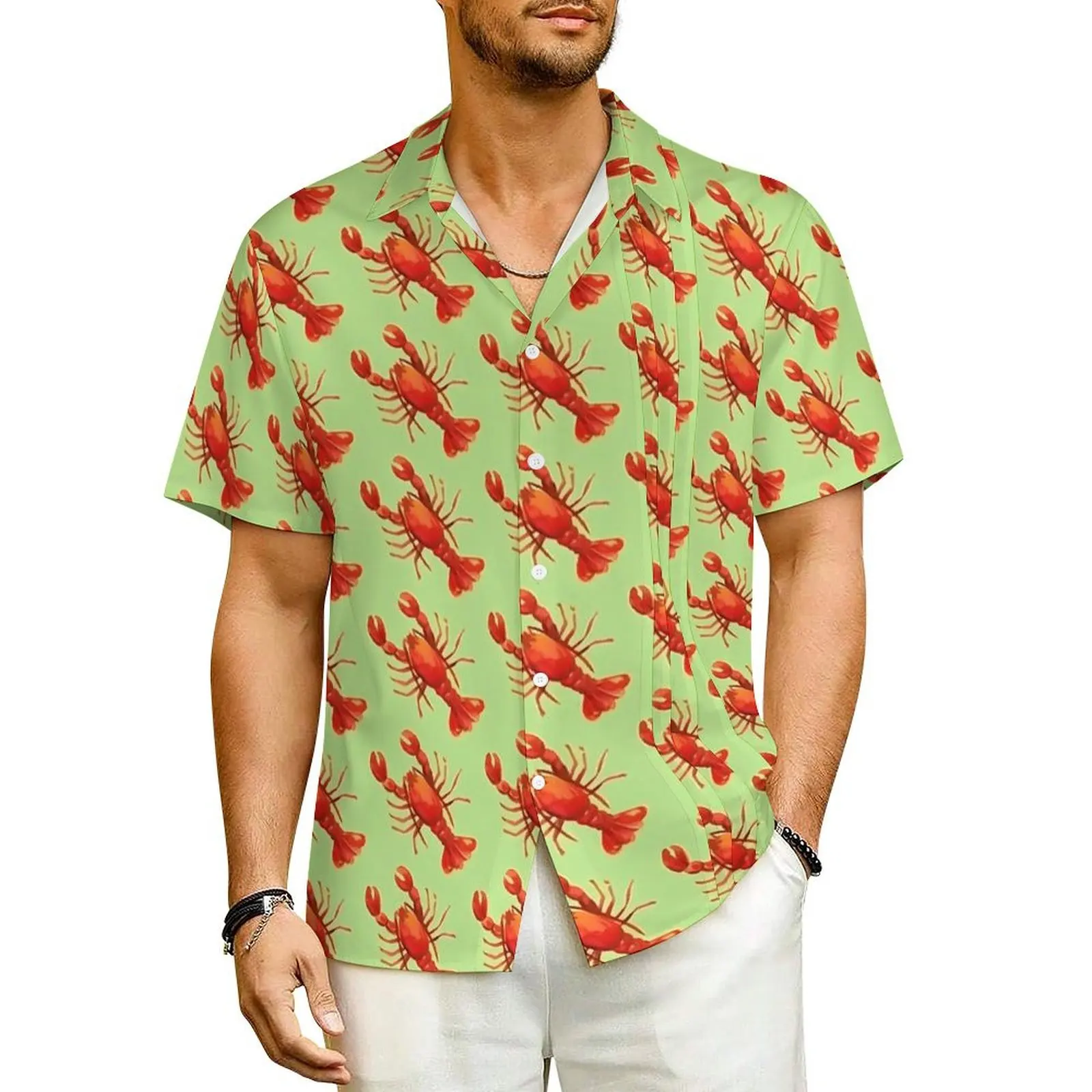 

I Love Lobsters Beach Shirt Mens Animal Print Elegant Casual Shirts Hawaii Short-Sleeved Y2K Fashion Plus Size 4XL Blouses Gift