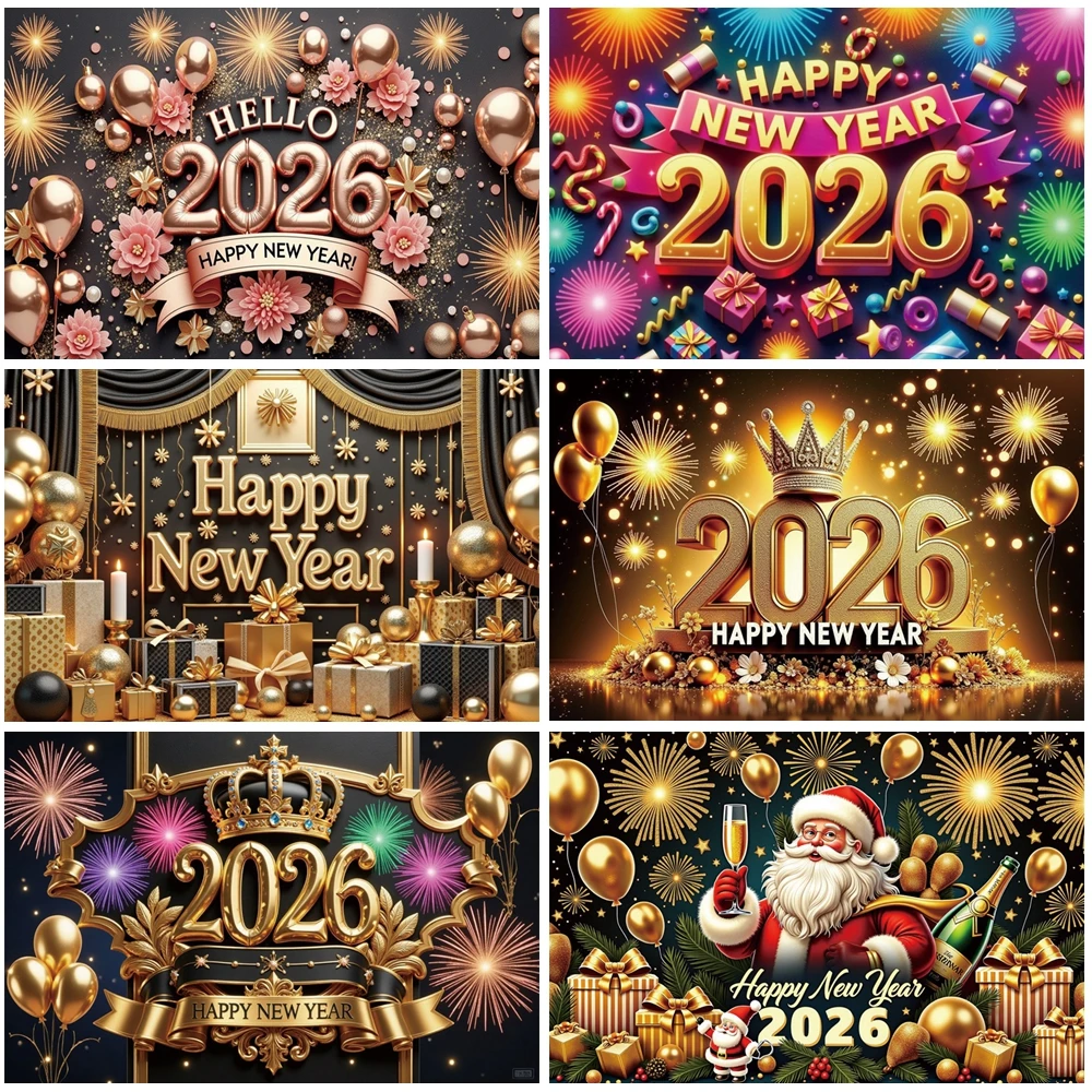 

MOON.QG Happy New Year Photo Background Clock Golden Balloon Backdrops for Photography Banner Poster Accessories Kids Photocall