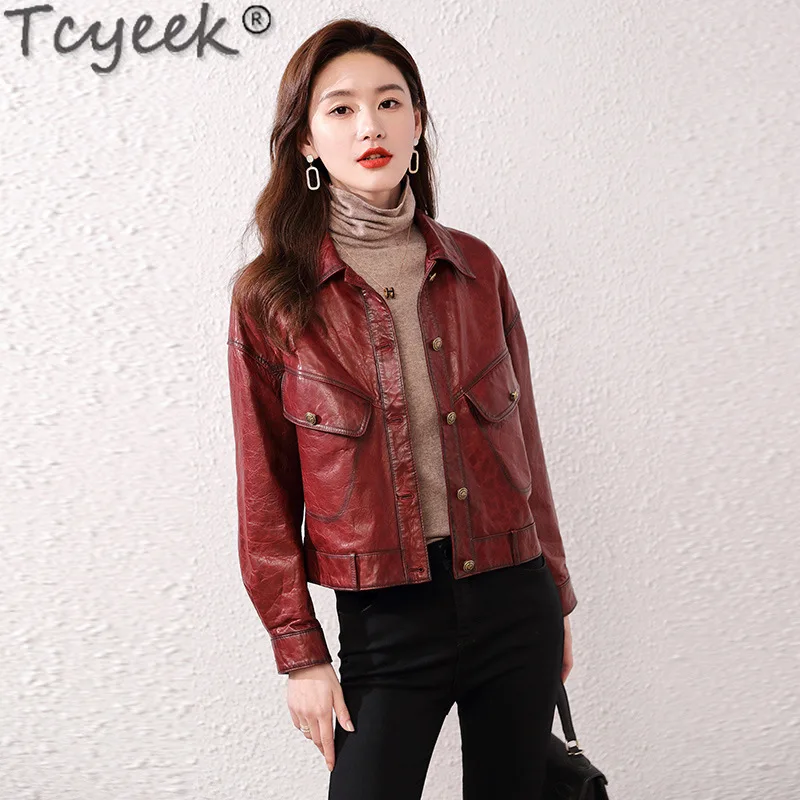 Tcyeek Veste en cuir véritable pour femme, vêtements d'automne, huile d'avertissement, manteau en peau de mouton, vestes en cuir pour femme, style court