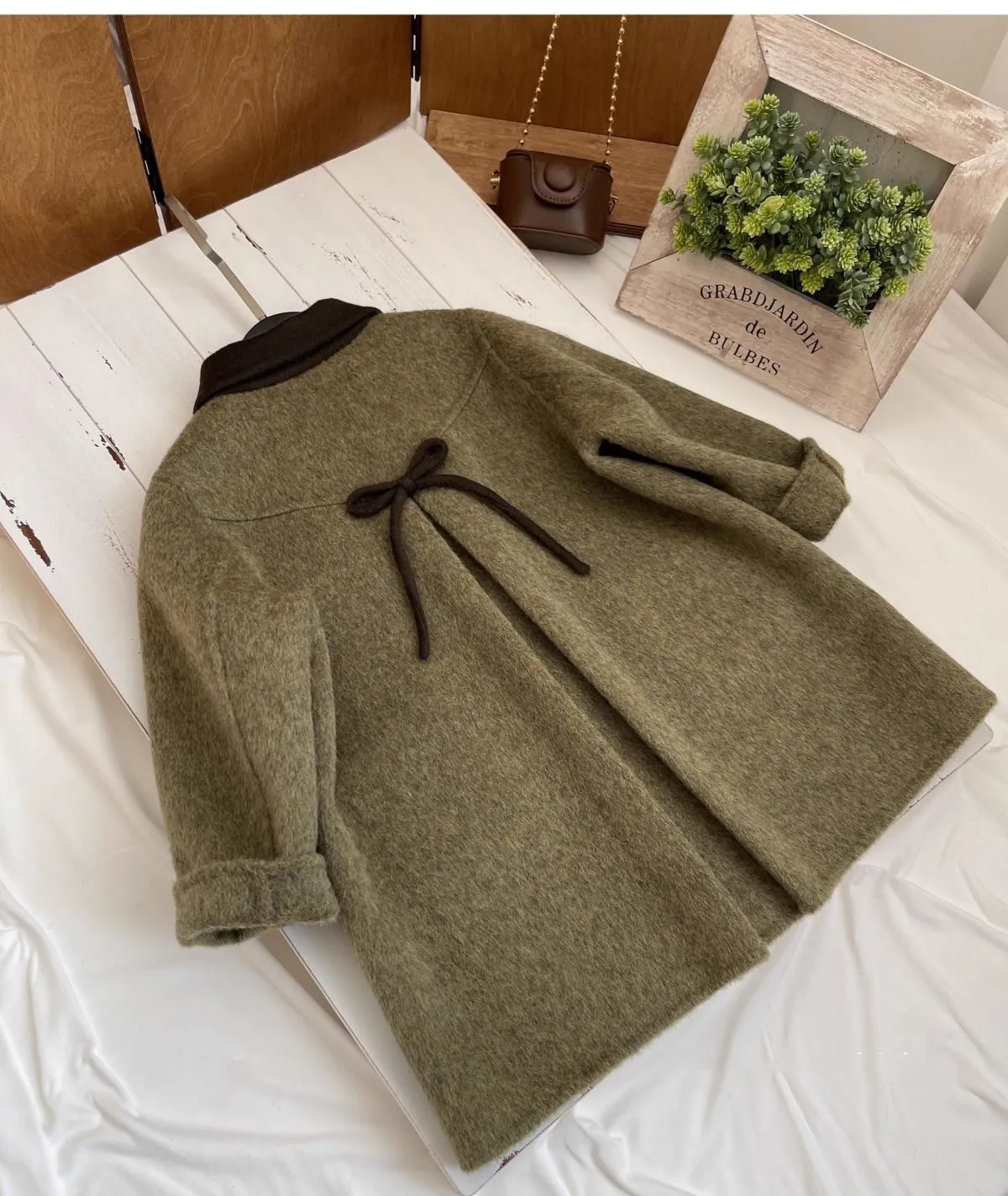 90-160 سنتيمتر الفتيات معطف الصوف الخريف/الشتاء جديد للأطفال الرجعية الأخضر طوق مزدوجة الوجهين المنسوجة القوس معطف