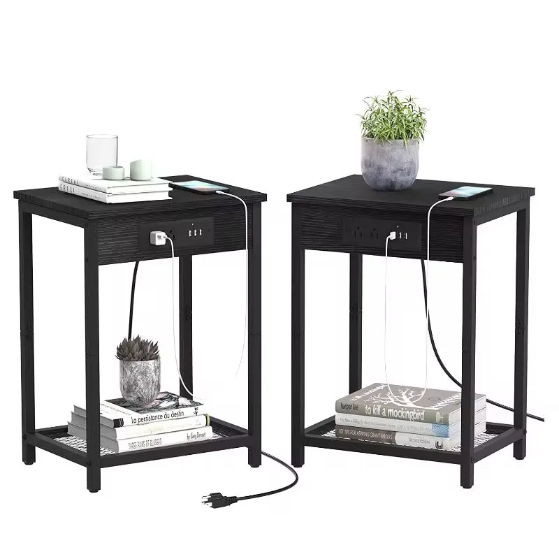 

Set of 2 Nightstands with Charging Station - Compact End Tables with USB Ports and Power Outlets for Bedroom and Living Room.