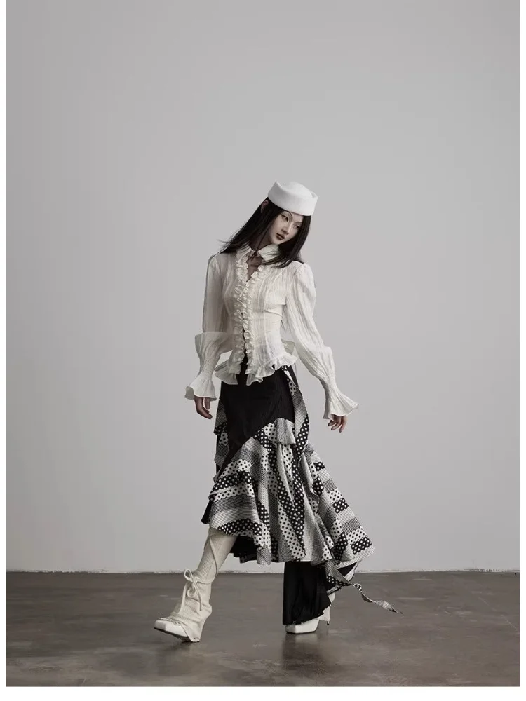 Spring Y2k Aesthetic Shirts Women Gothic Punk Long Sleeve Slim Ruffles Blouse Streetwear Female Vintage Grunge White Tops Blusas - view 3