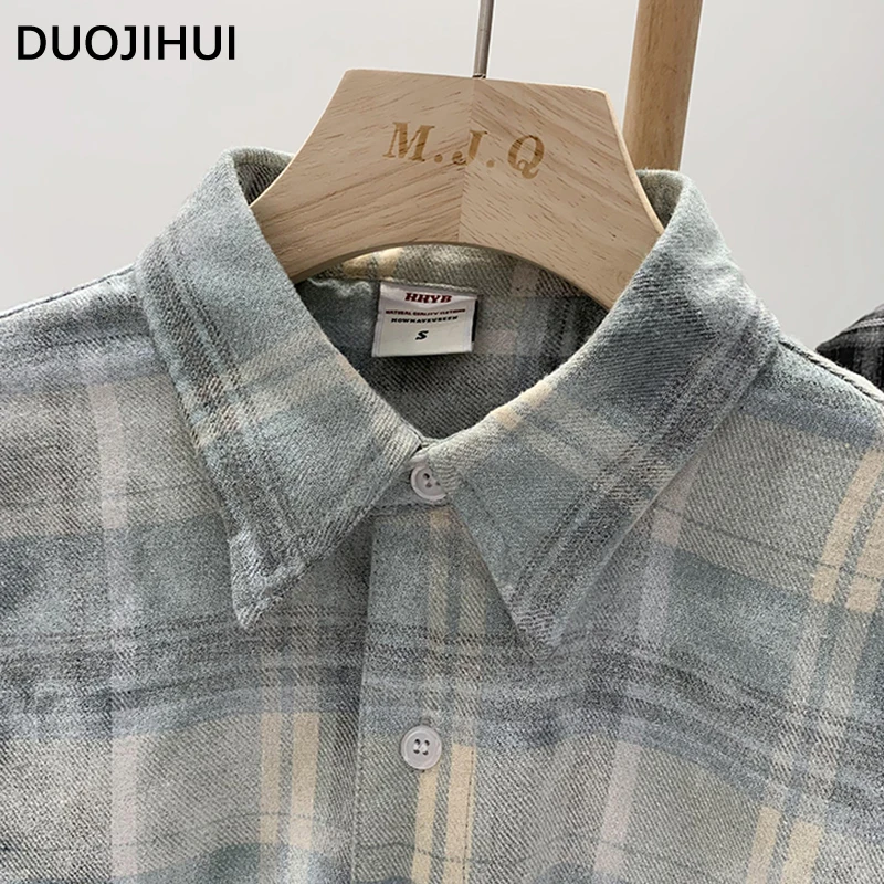 DUOJIHUI American Vintage Chicly Polo Neck Simple Women Shirt Autumn Classic Plaid Fashion Spell Color Loose Casual Female Shirt